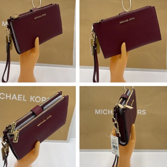 MICHAEL KORS LG DOUBLE ZIP WRISTLET MERLOT DARK CHERRY MULBERRY PHONE HOLDER NWT - Picture 14 of 16